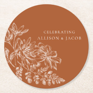 Terra Cotta und White Floral Wedding Runder Pappuntersetzer