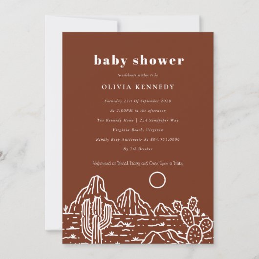 Terracota Baby Shower Cactus Line Art Wüste Einladung (Vorderseite)