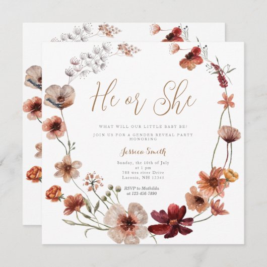 Terracota Floral Gender Reveal oder sie Einladung (Vorne/Hinten)