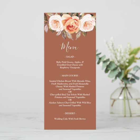 Terracott Boho Fall Floral Wedding Menükarte (Stehend Vorderseite)