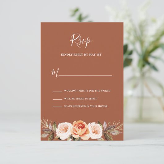Terracott Boho Floral Wedding RSVP Karte (Stehend Vorderseite)
