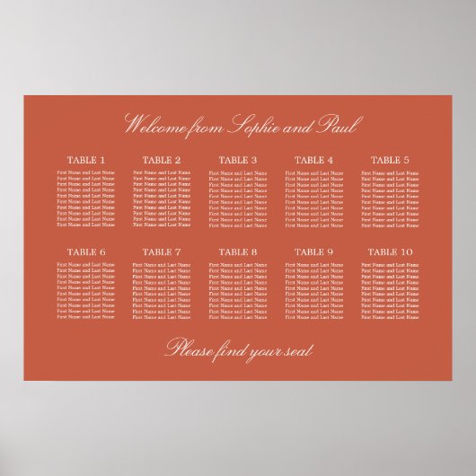 Terracotta 10 Table Wedding Seating Chart Poster (Vorne)