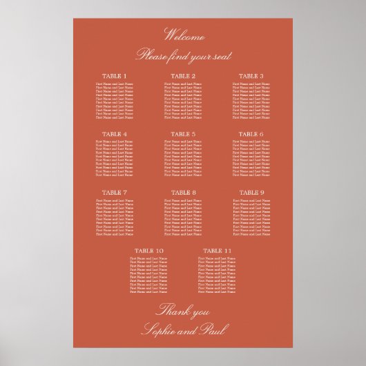 Terracotta 11 Table Wedding Seating Chart Poster (Vorne)