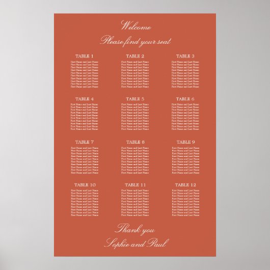 Terracotta 12 Table Wedding Seating Chart Poster (Vorne)