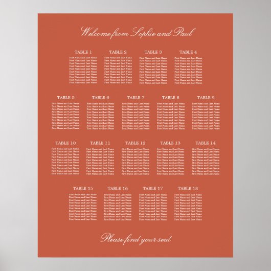 Terracotta 18 Table Wedding Seating Chart Poster (Vorne)
