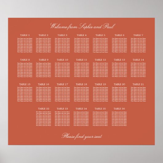 Terracotta 26 Table Wedding Seating Chart Poster (Vorne)