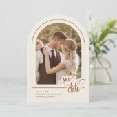 Terracotta 2 Foto Script Wedding Save the Date Einladung (Stehend Vorderseite)