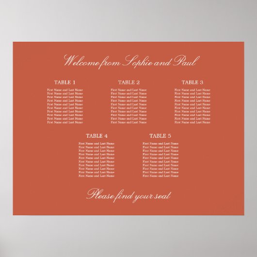 Terracotta 5 Table Wedding Chart Poster (Vorne)