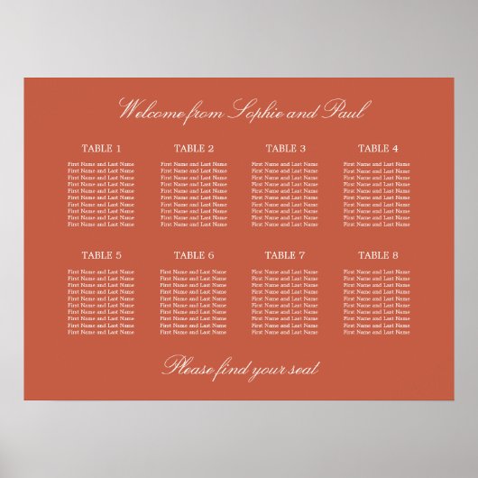 Terracotta 8 Table Wedding Chart Poster (Vorne)