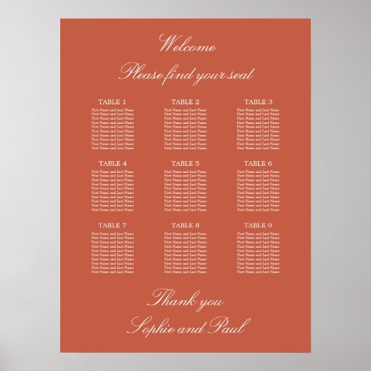 Terracotta 9 Table Wedding Chart Poster (Vorne)