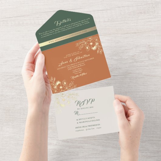 Terracotta and Sage Green Wedding All In One Einladung (Abreißen)