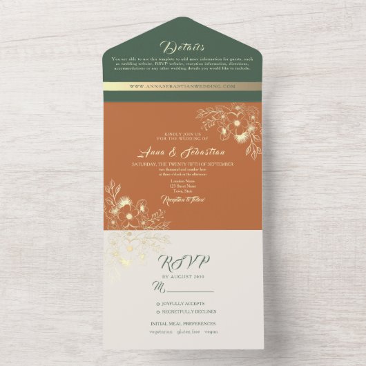 Terracotta and Sage Green Wedding All In One Einladung (Innen Boden)