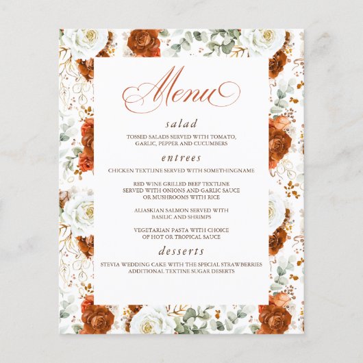 Terracotta and White Floral Elegant Wedding Menu Flyer (Vorne)
