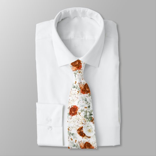 Terracotta and White Floral Wedding Neck Tie Krawatte (Gebunden)