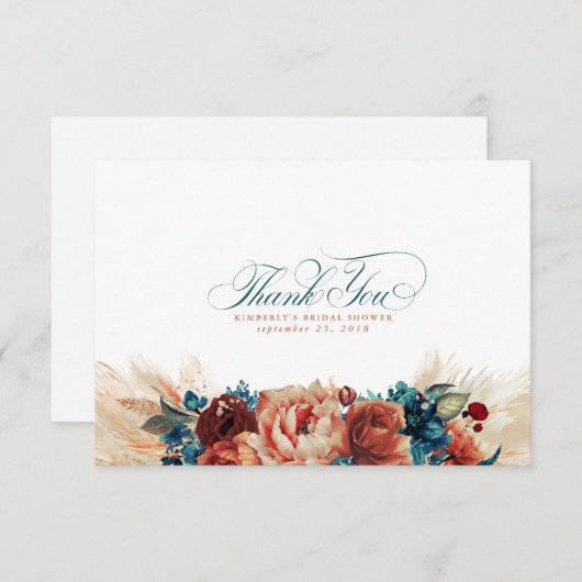 Terracotta Aquamarin Blue Floral Boho Klein Vielen Dankeskarte (Vorne/Hinten)