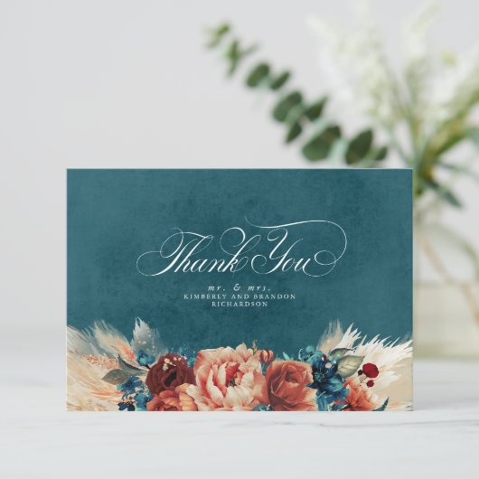 Terracotta Aquamarin Floral Boho Hochzeit Vielen D Dankeskarte (Stehend Vorderseite)