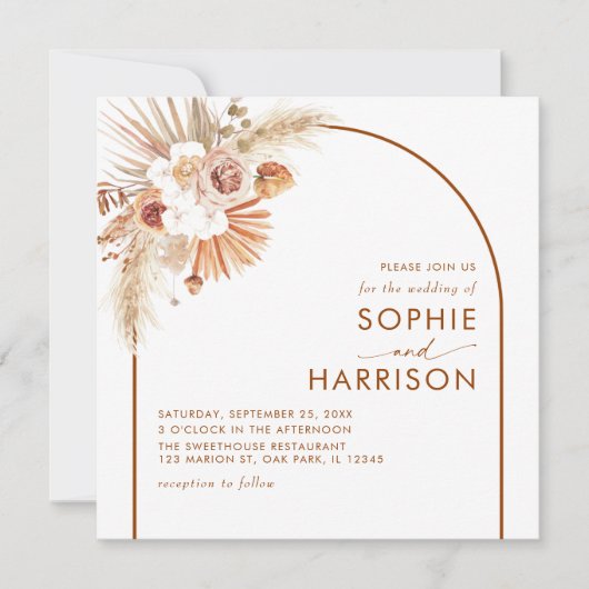 Terracotta Arch Boho Pampas Grass Square Wedding Einladung (Vorderseite)
