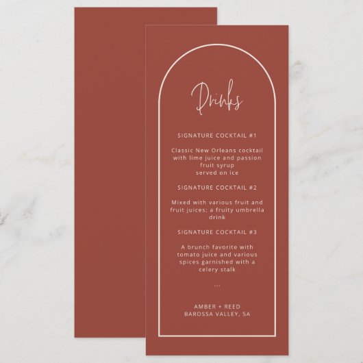 Terracotta Arch Wedding Drinks Menü Karte (Vorne/Hinten)