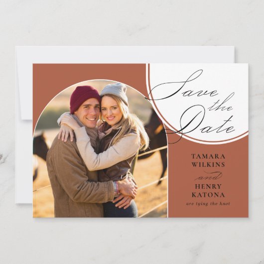 Terracotta Arched Foto Wedding Calligraphy Save The Date (Vorderseite)