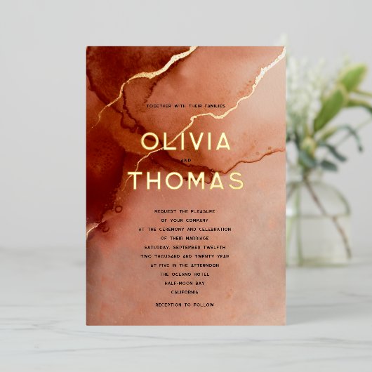 Terracotta auf dem Monte Tamaro Hochzeit im Herbst Folieneinladung (Stehend vorne)