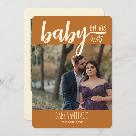 Terracotta Baby on Way Foto Pregnancy Ankündigung (Vorne/Hinten)