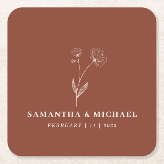 Terracotta Baumwolle Floral Boho Wedding Rechteckiger Pappuntersetzer (Vorderseite)