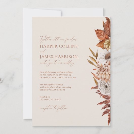 Terracotta Beige Moderne Hochzeit im Herbst Floral Einladung (Vorderseite)