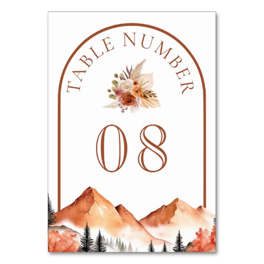 Terracotta Bergwald Hochzeit Tischnummer (Rückseite)