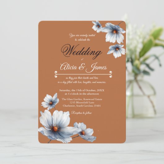 Terracotta Blaue Flora Anemone Herbsthochzeit Einladung (Stehend Vorderseite)