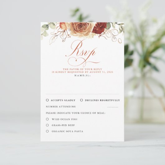 Terracotta Blume Black Wedding RSVP (Stehend Vorderseite)