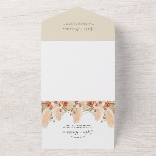 Terracotta Blume Boho Pampas Grass Wedding All In One Einladung (Außenbereich)