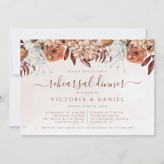 Terracotta Blume Fall Folia Probe Abendessen Einladung (Vorderseite)