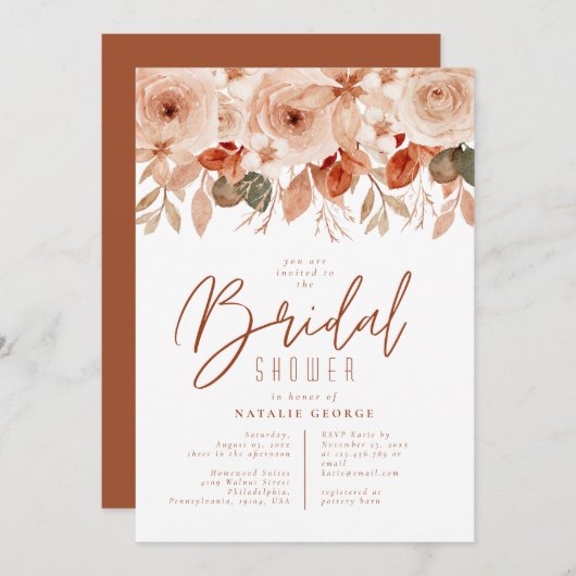 Terracotta Blume fallen Brautparty Einladung (Vorne/Hinten)