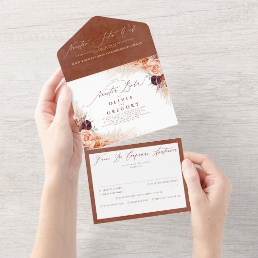 Terracotta Blume Pampas Grass Spanische Hochzeit All In One Einladung (Abreißen)