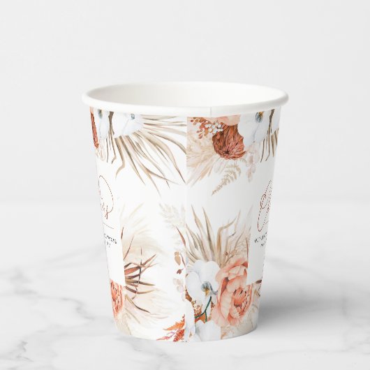 Terracotta-Blume Weiße Orchideen und Pampas Gras Pappbecher (Rechts)