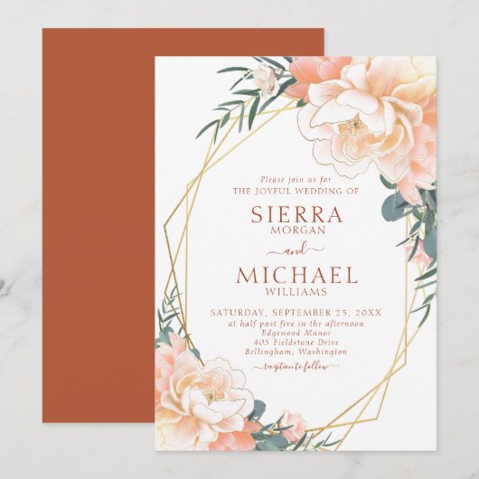 Terracotta Blush Gold Peach Cream Floral Wedding Einladung (Vorne/Hinten)