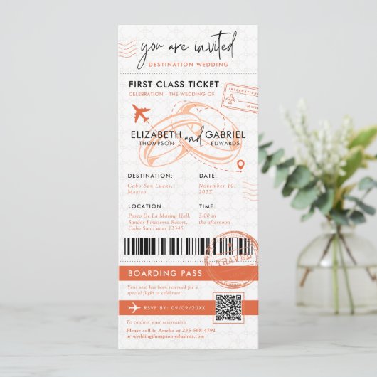 Terracotta Boarding Pass Hochzeit in Urlaubsort Einladung (Stehend Vorderseite)