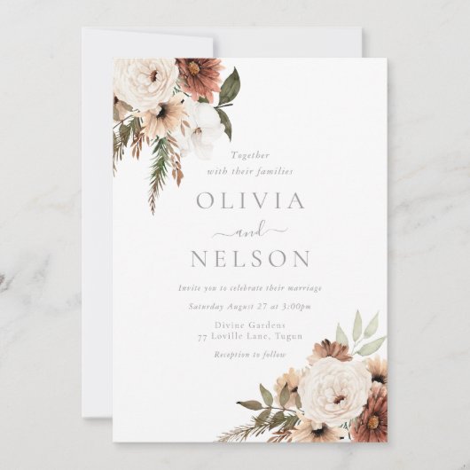 Terracotta Bohemisch Floral Moderne Hochzeit Einladung (Vorderseite)