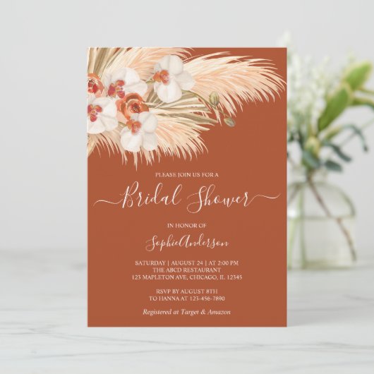 Terracotta Bohemisch Pampas Grass Brautparty Einladung (Stehend Vorderseite)