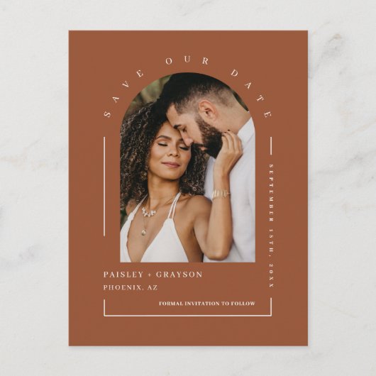 Terracotta Boho Arch Foto QR Code Rettete Unser Da Postkarte (Vorderseite)