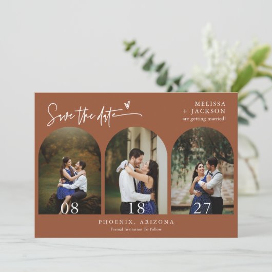 Terracotta Boho Arch Foto QR-Code Save the Date Einladung (Stehend Vorderseite)