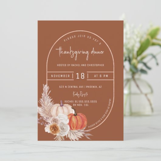 Terracotta Boho Arch Pumpkins Erntedank Dinner Einladung (Stehend Vorderseite)