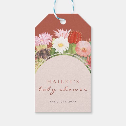 Terracotta Boho Bloom Cactus Baby Shower Geschenkanhänger (Vorderseite)