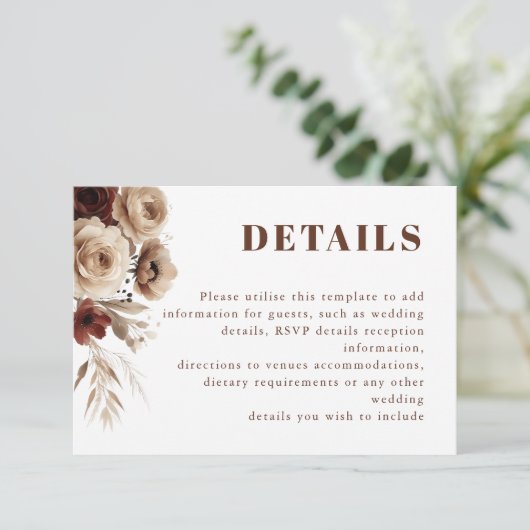 Terracotta Boho Blumendetails Hochzeit Begleitkarte (Stehend Vorderseite)