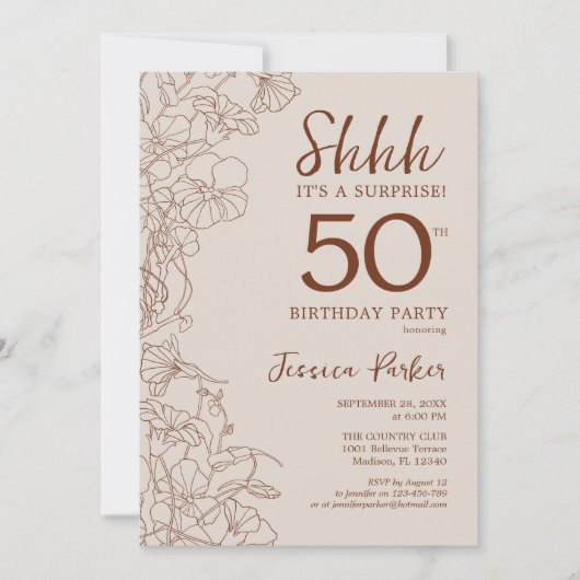 Terracotta Boho Botanische Überraschung 50. Geburt Einladung (Vorderseite)