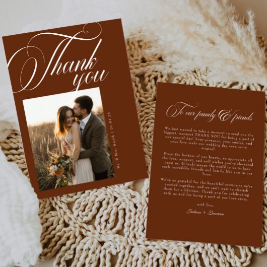 Terracotta Boho Calligraphy Script Foto Wedding Dankeskarte