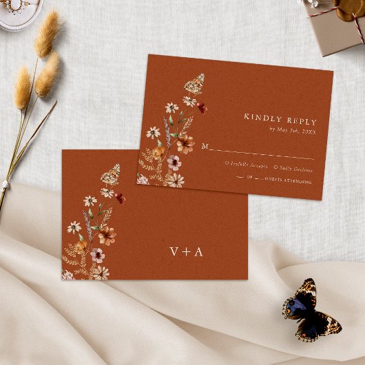 Terracotta Boho Chic Floral Wedding RSVP Karte