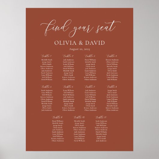 Terracotta Boho Elegant 11 Tabelle Seating Chart Poster (Vorne)