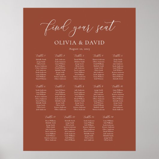 Terracotta Boho Elegant 14 Tabelle Seating Chart Poster (Vorne)