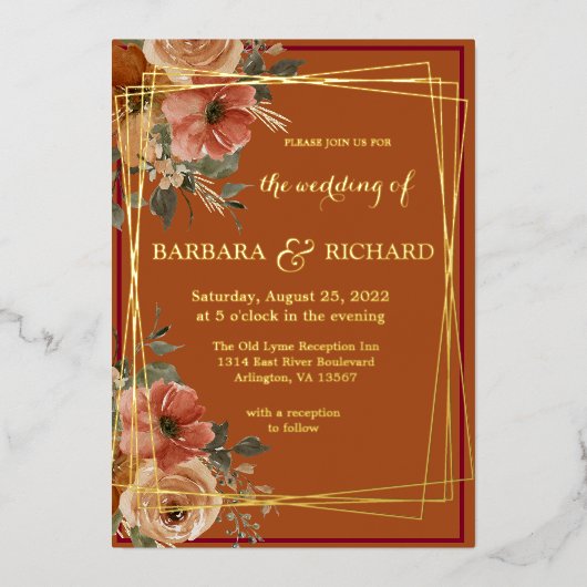 Terracotta Boho Fall Floral Folieneinladung (Vorderseite)